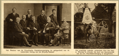 104925 Groepsportret van het bestuur van de Handelsvereniging te Utrecht en een afbeelding van het door een damescomité ...